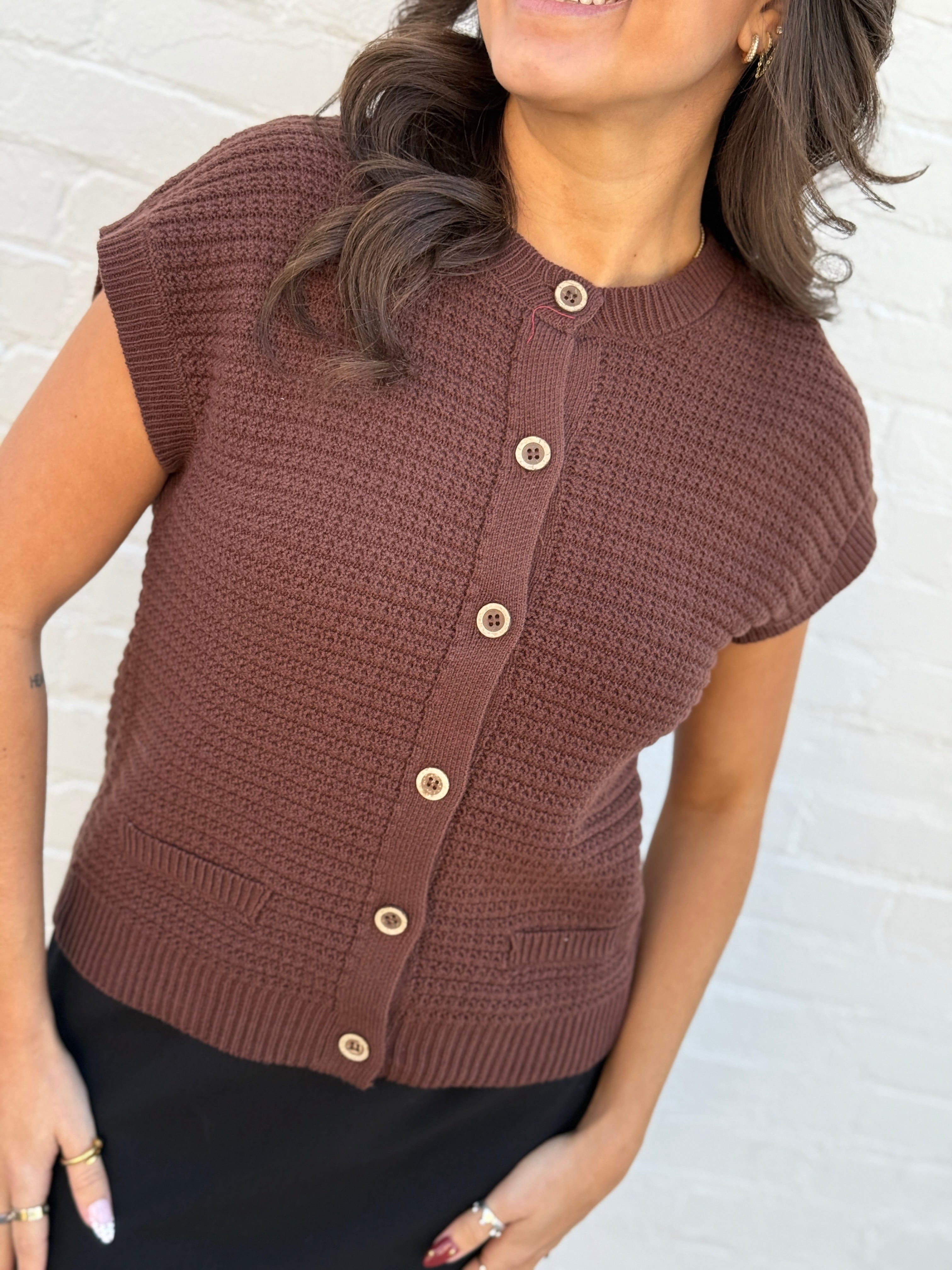 The Workshop Studio Tops - Sweaters Round Neck Button Sweater In Chocolate