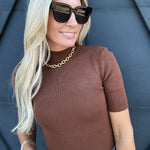 Short Sleeve Mock Neck Top In Chocolate - Infinity Raine