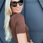 Short Sleeve Mock Neck Top In Chocolate - Infinity Raine