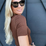 Short Sleeve Mock Neck Top In Chocolate - Infinity Raine