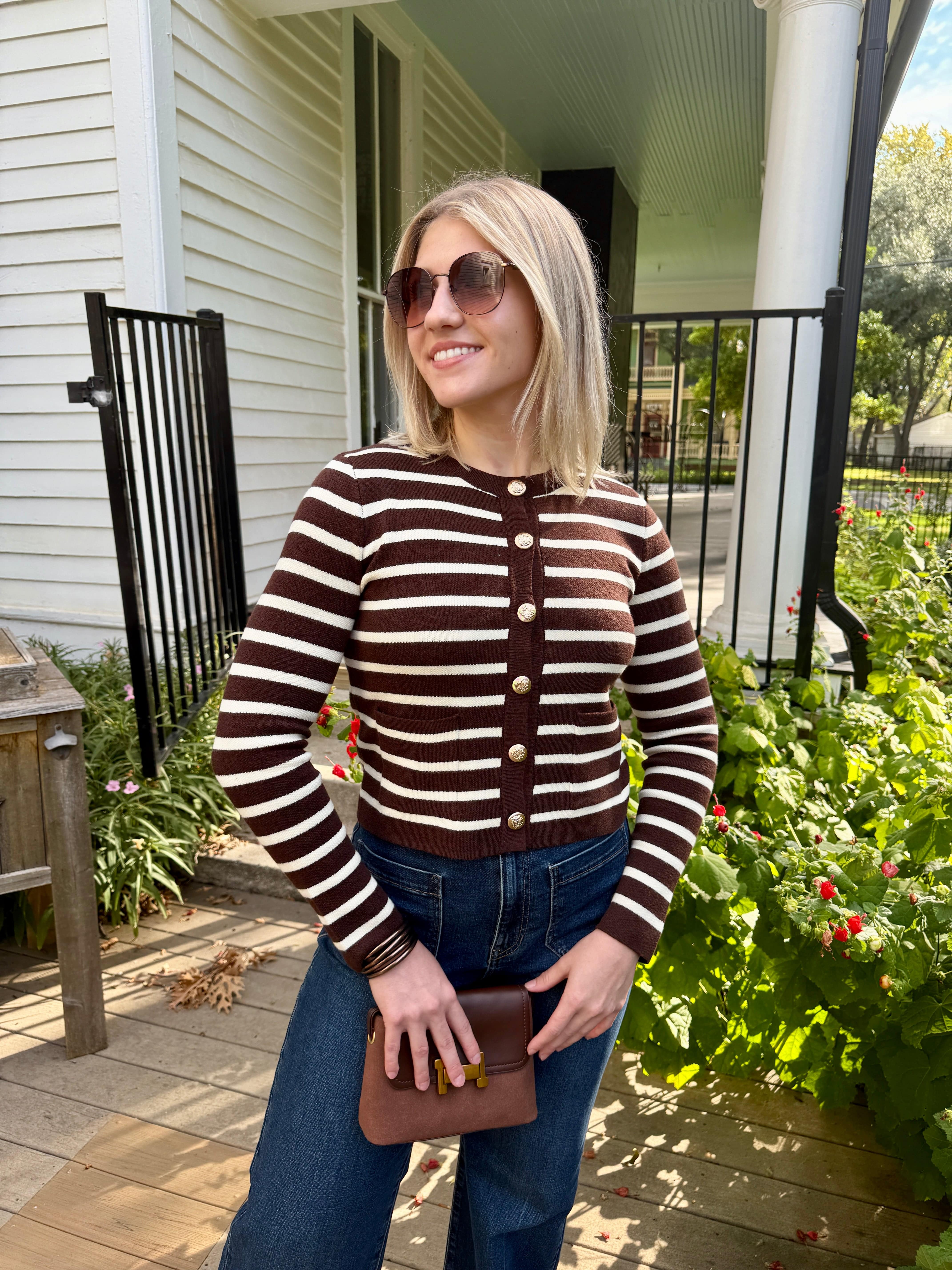 The Workshop Studio Tops - Sweaters Stripe Gold Button Cardigan In Brown