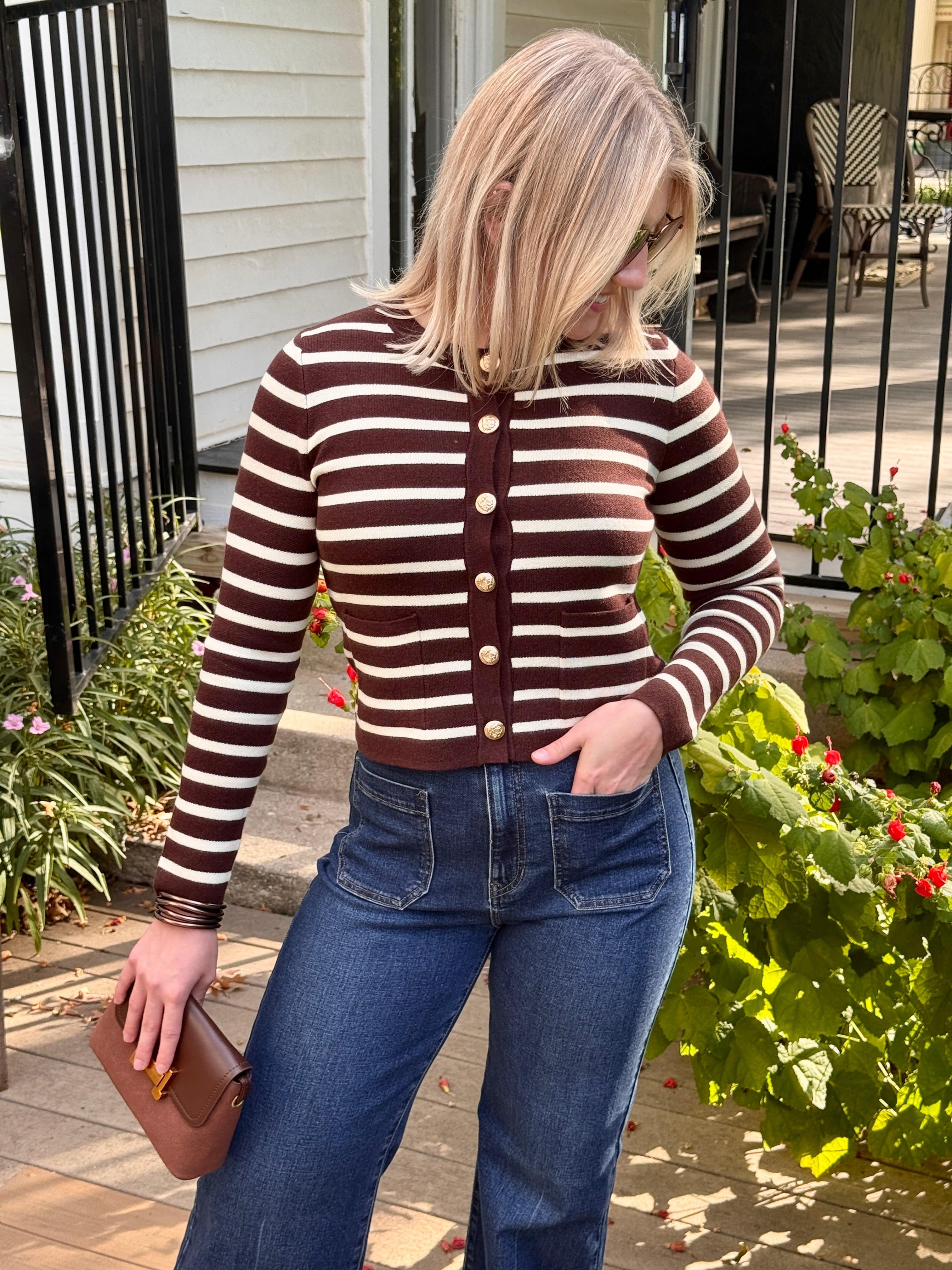 The Workshop Studio Tops - Sweaters Stripe Gold Button Cardigan In Brown