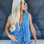 Tie Front Knitted Vest Top In Blue - Infinity Raine