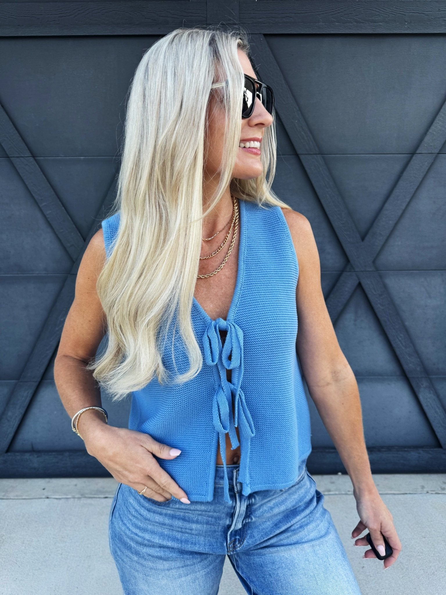Tie Front Knitted Vest Top In Blue - Infinity Raine