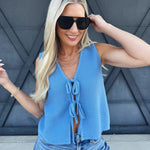 Tie Front Knitted Vest Top In Blue - Infinity Raine