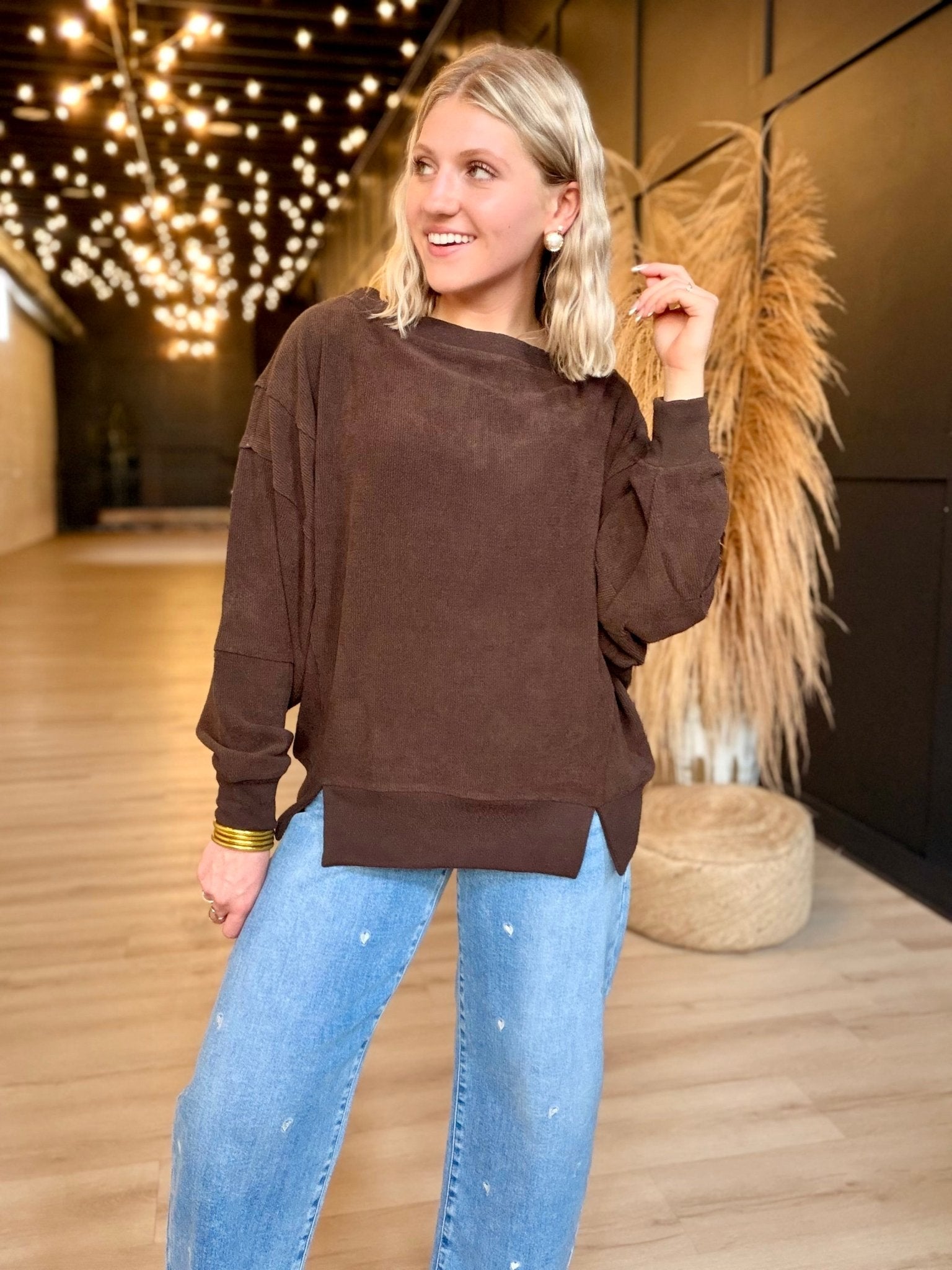 Tiered Sleeve Boat Neck Exposed Seam Knit Top In Dark Brown - Infinity Raine
