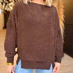 Tiered Sleeve Boat Neck Exposed Seam Knit Top In Dark Brown - Infinity Raine
