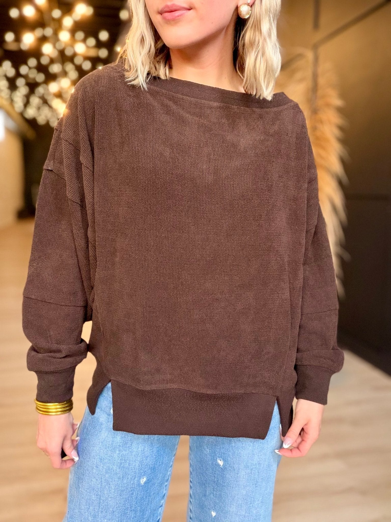 Tiered Sleeve Boat Neck Exposed Seam Knit Top In Dark Brown - Infinity Raine