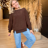 Tiered Sleeve Boat Neck Exposed Seam Knit Top In Dark Brown - Infinity Raine