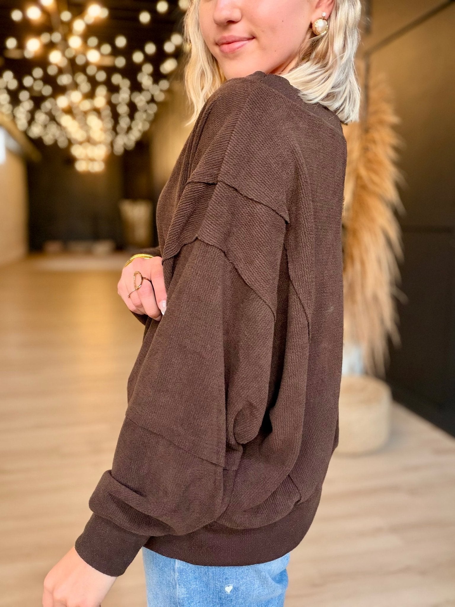 Tiered Sleeve Boat Neck Exposed Seam Knit Top In Dark Brown - Infinity Raine