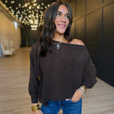 Tiered Sleeve Boat Neck Exposed Seam Knit Top In Dark Brown - Infinity Raine