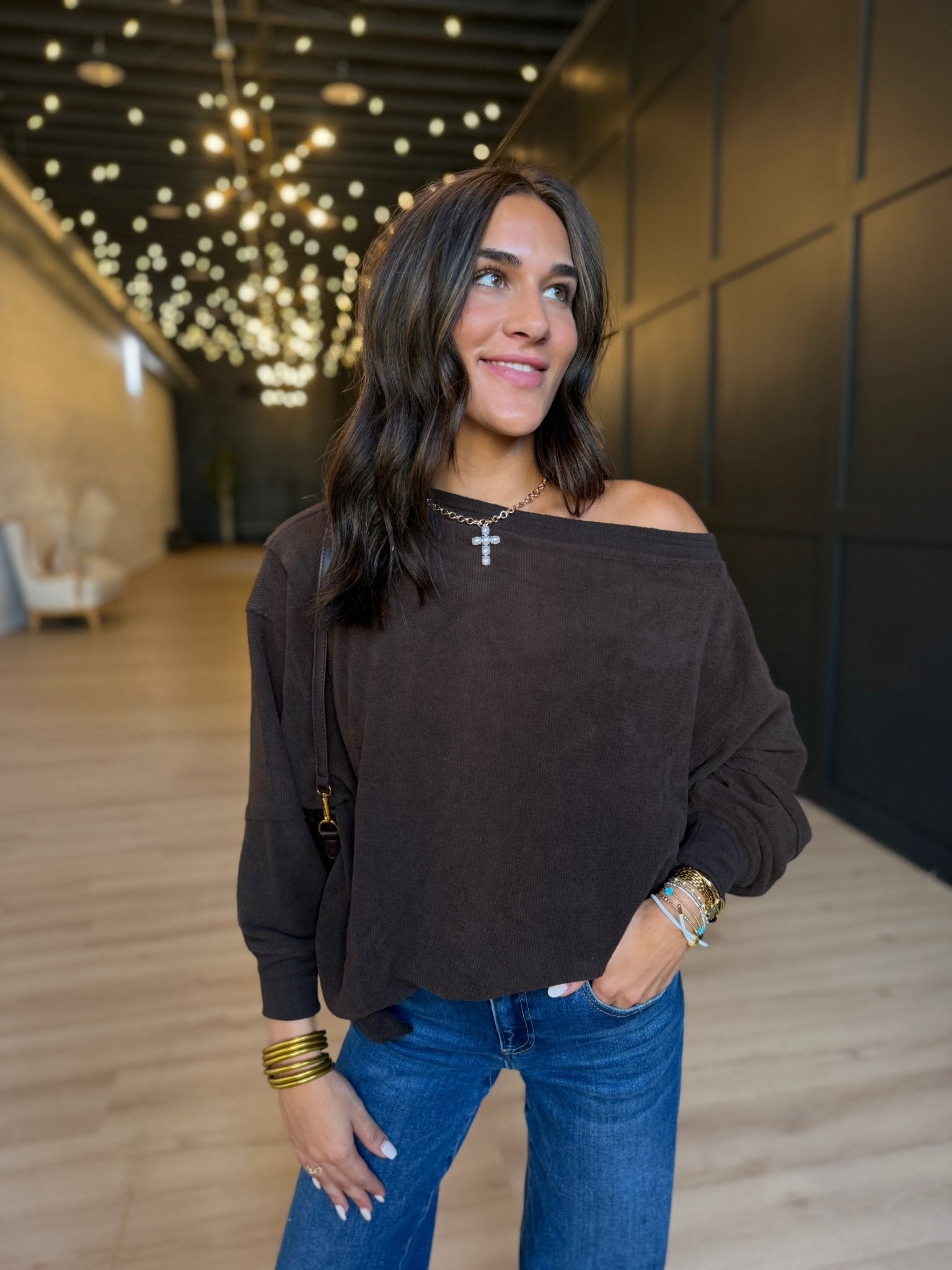 Tiered Sleeve Boat Neck Exposed Seam Knit Top In Dark Brown - Infinity Raine