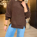 Tiered Sleeve Boat Neck Exposed Seam Knit Top In Dark Brown - Infinity Raine