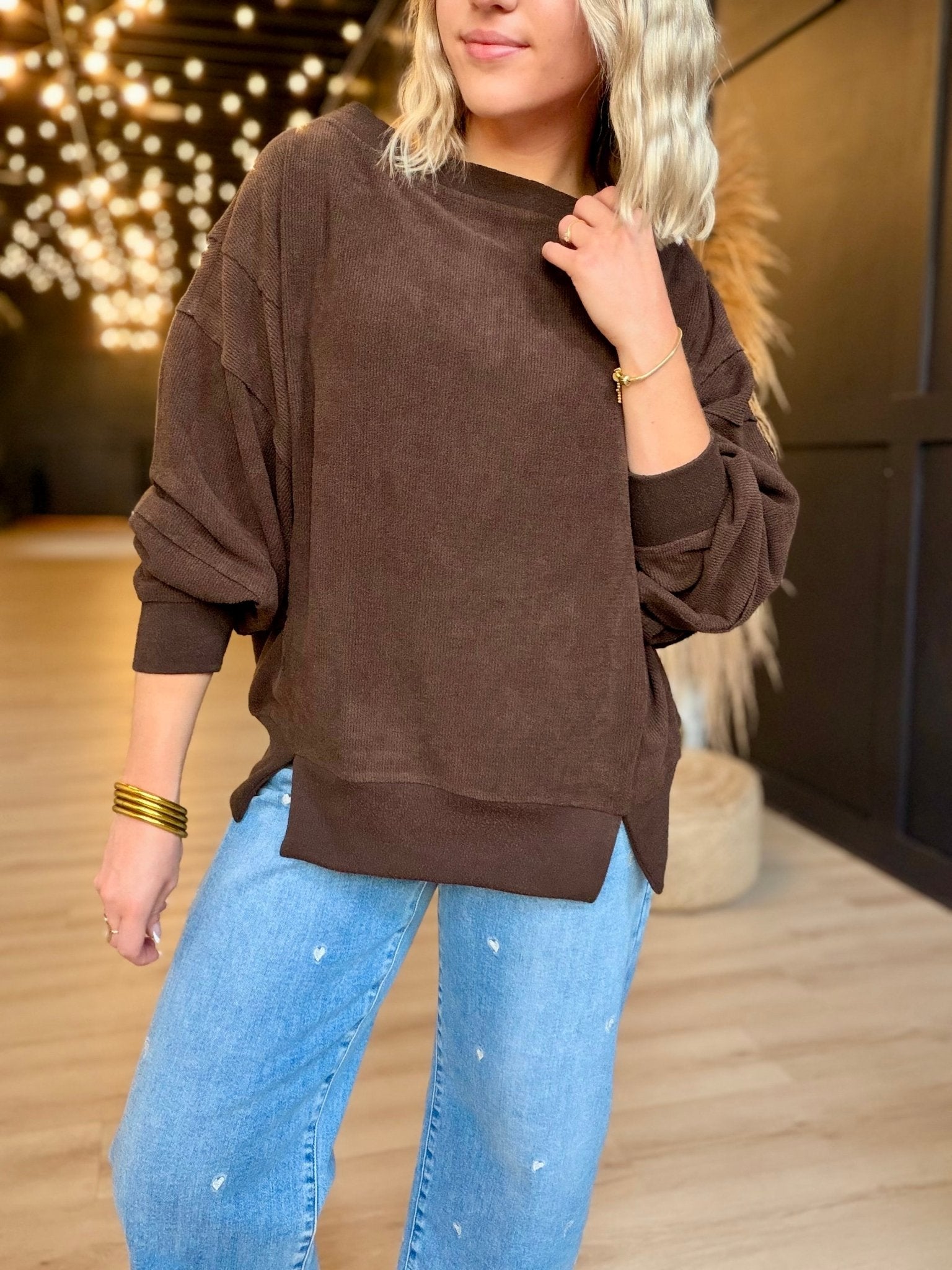 Tiered Sleeve Boat Neck Exposed Seam Knit Top In Dark Brown - Infinity Raine