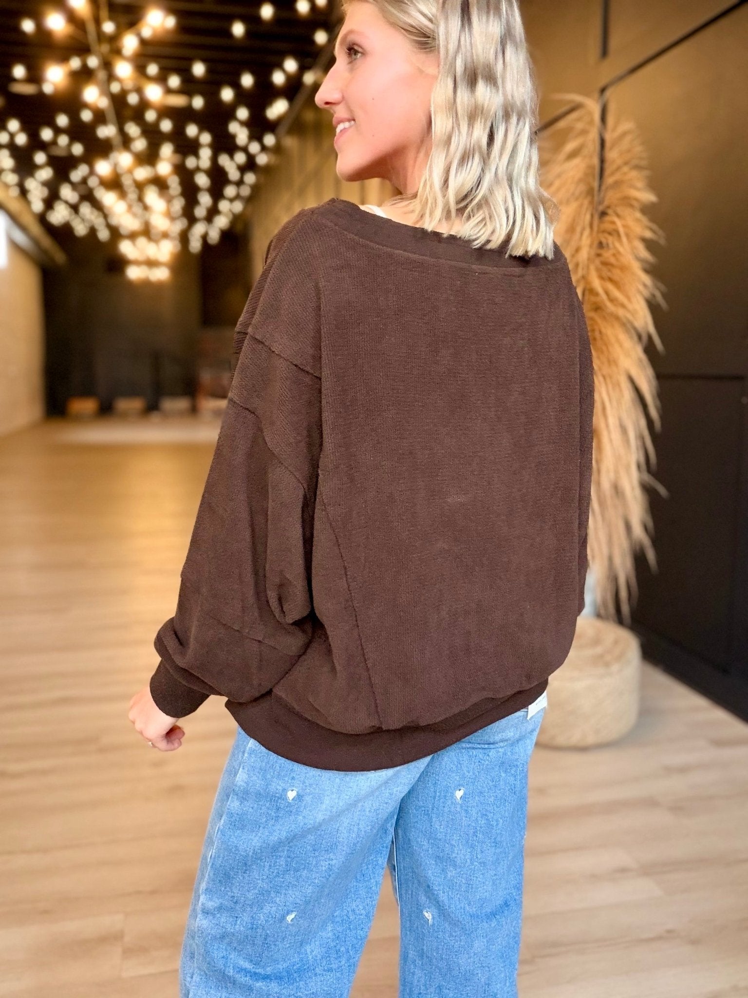 Tiered Sleeve Boat Neck Exposed Seam Knit Top In Dark Brown - Infinity Raine