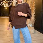 Tiered Sleeve Boat Neck Exposed Seam Knit Top In Dark Brown - Infinity Raine