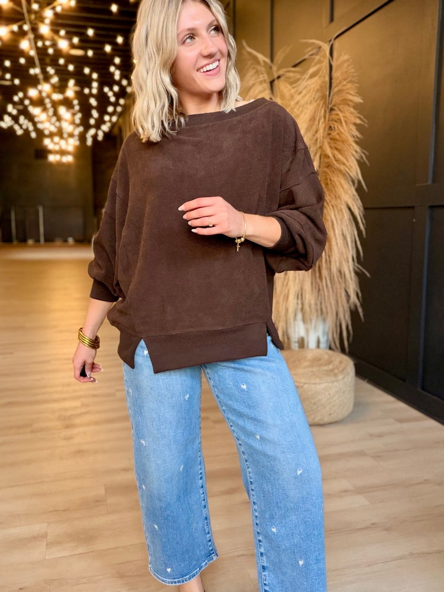 Tiered Sleeve Boat Neck Exposed Seam Knit Top In Dark Brown - Infinity Raine