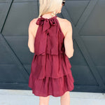 Tiered Texture Halter Mini Dress In Burgundy - Infinity Raine