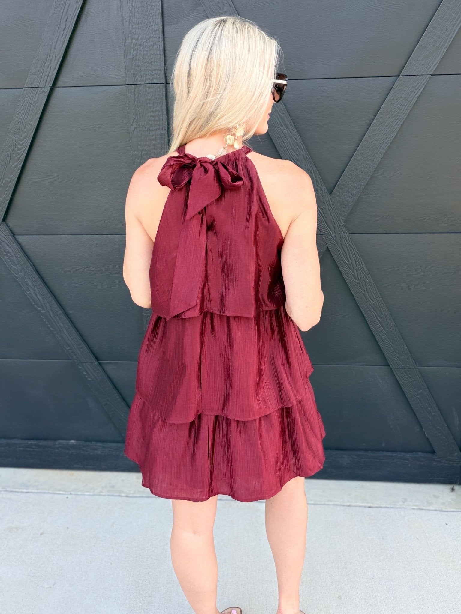Tiered Texture Halter Mini Dress In Burgundy - Infinity Raine