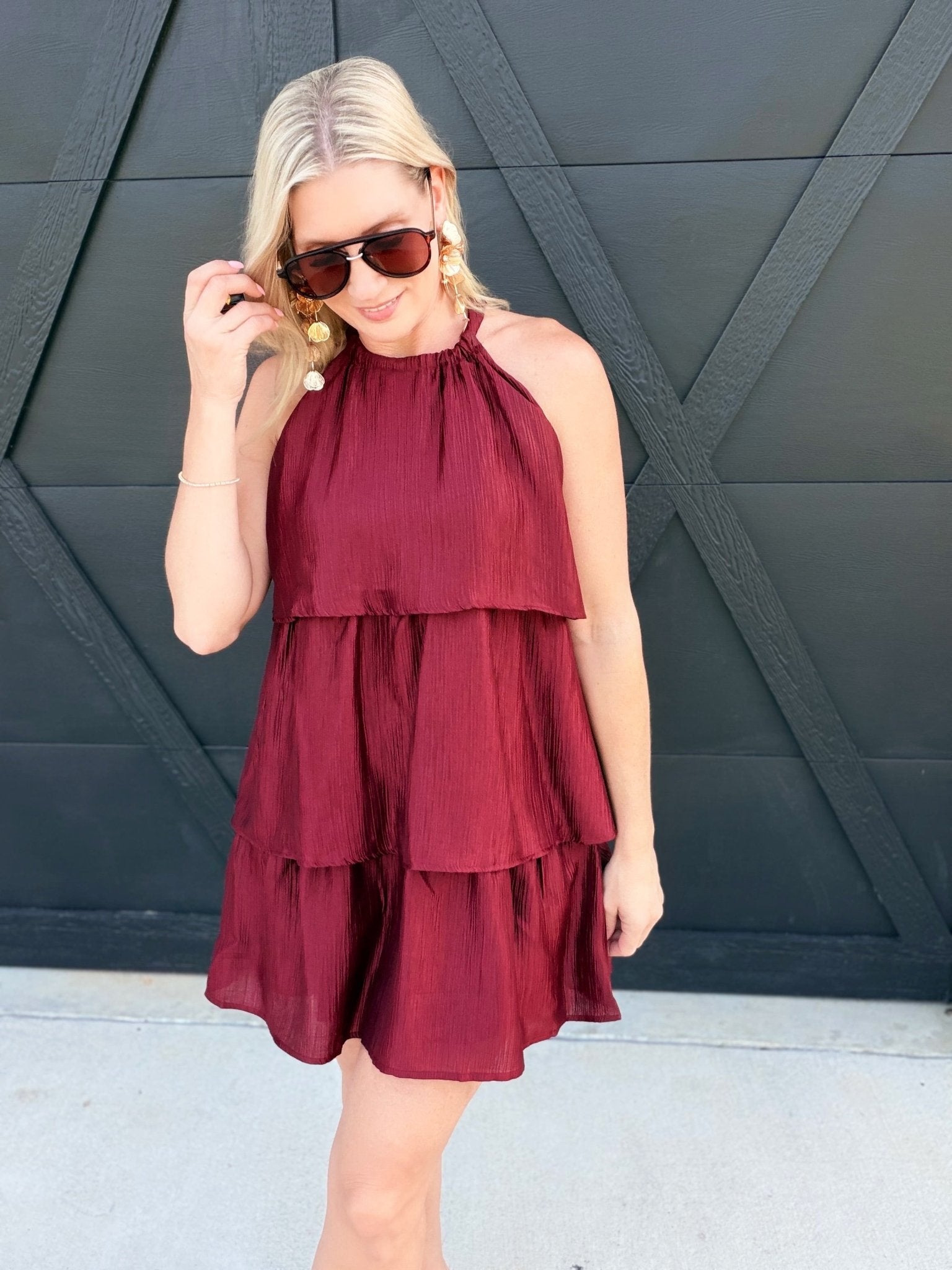 Tiered Texture Halter Mini Dress In Burgundy - Infinity Raine