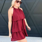 Tiered Texture Halter Mini Dress In Burgundy - Infinity Raine