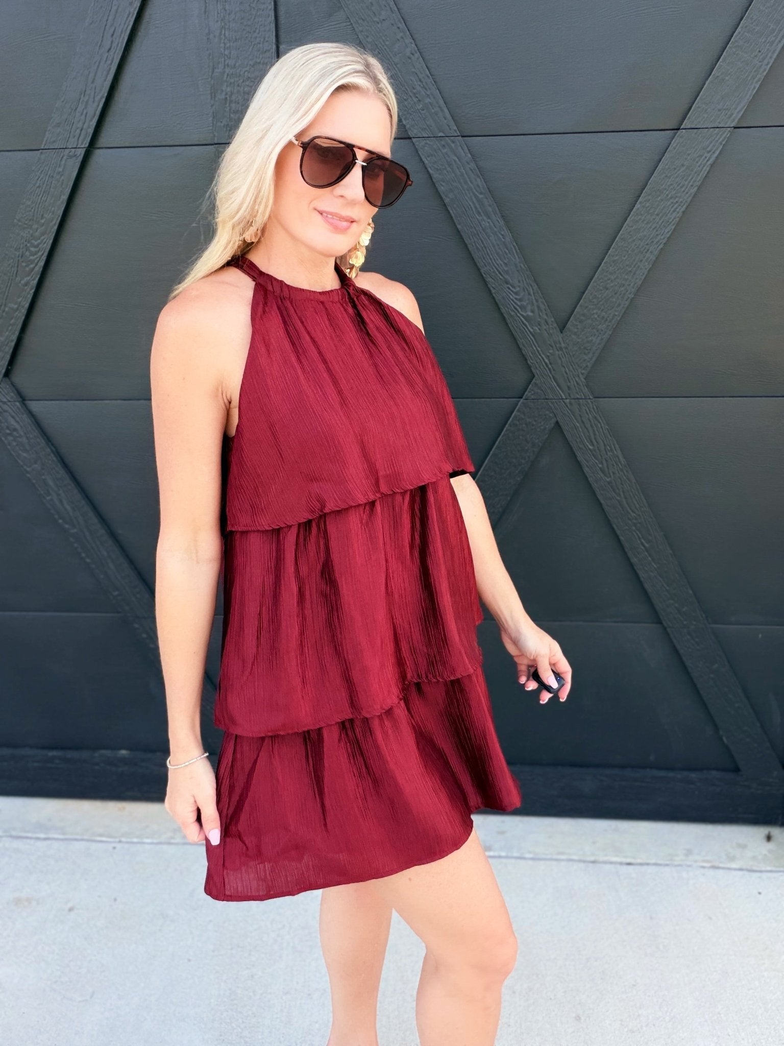 Tiered Texture Halter Mini Dress In Burgundy - Infinity Raine