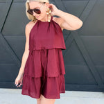 Tiered Texture Halter Mini Dress In Burgundy - Infinity Raine