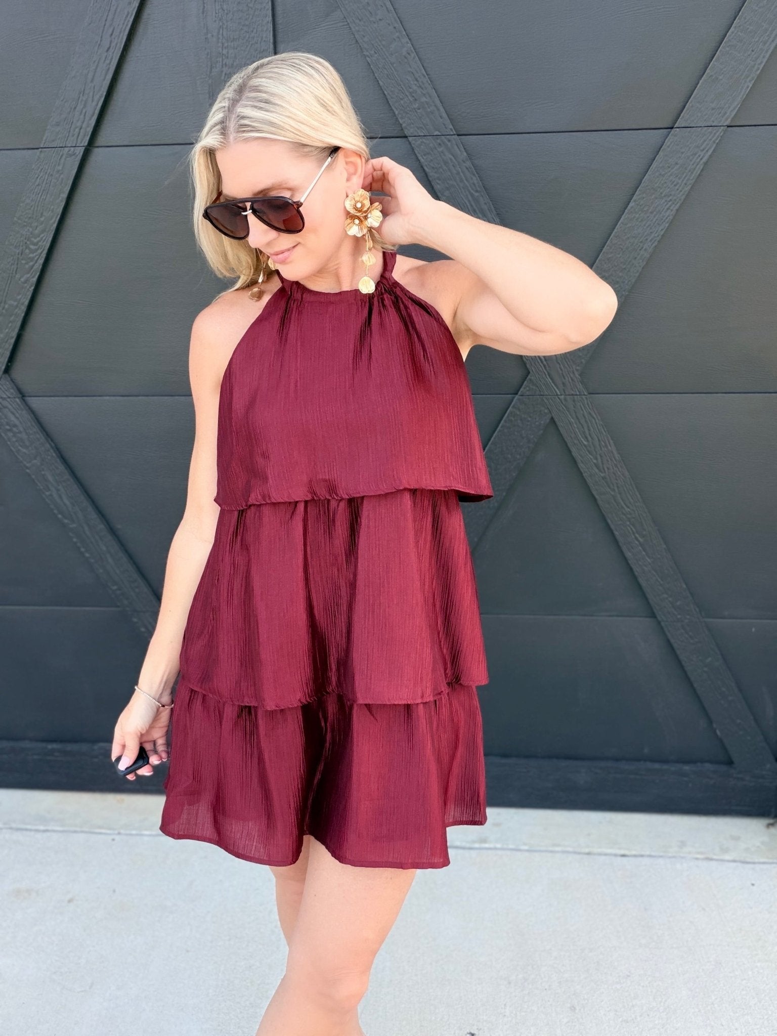 Tiered Texture Halter Mini Dress In Burgundy - Infinity Raine