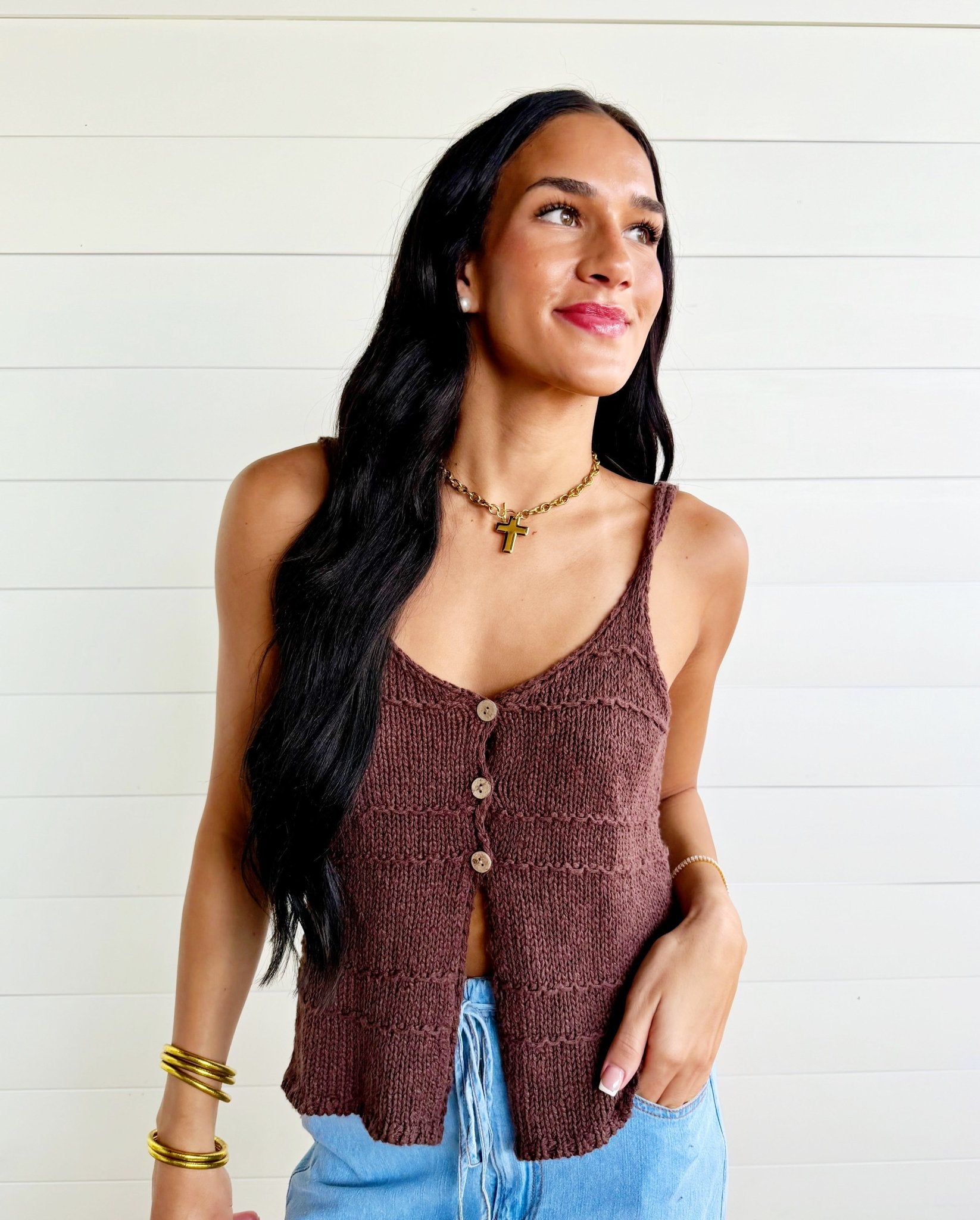 Tiered Textured Button-Front Sweater Knit Cami In Dusty Wood - Infinity Raine