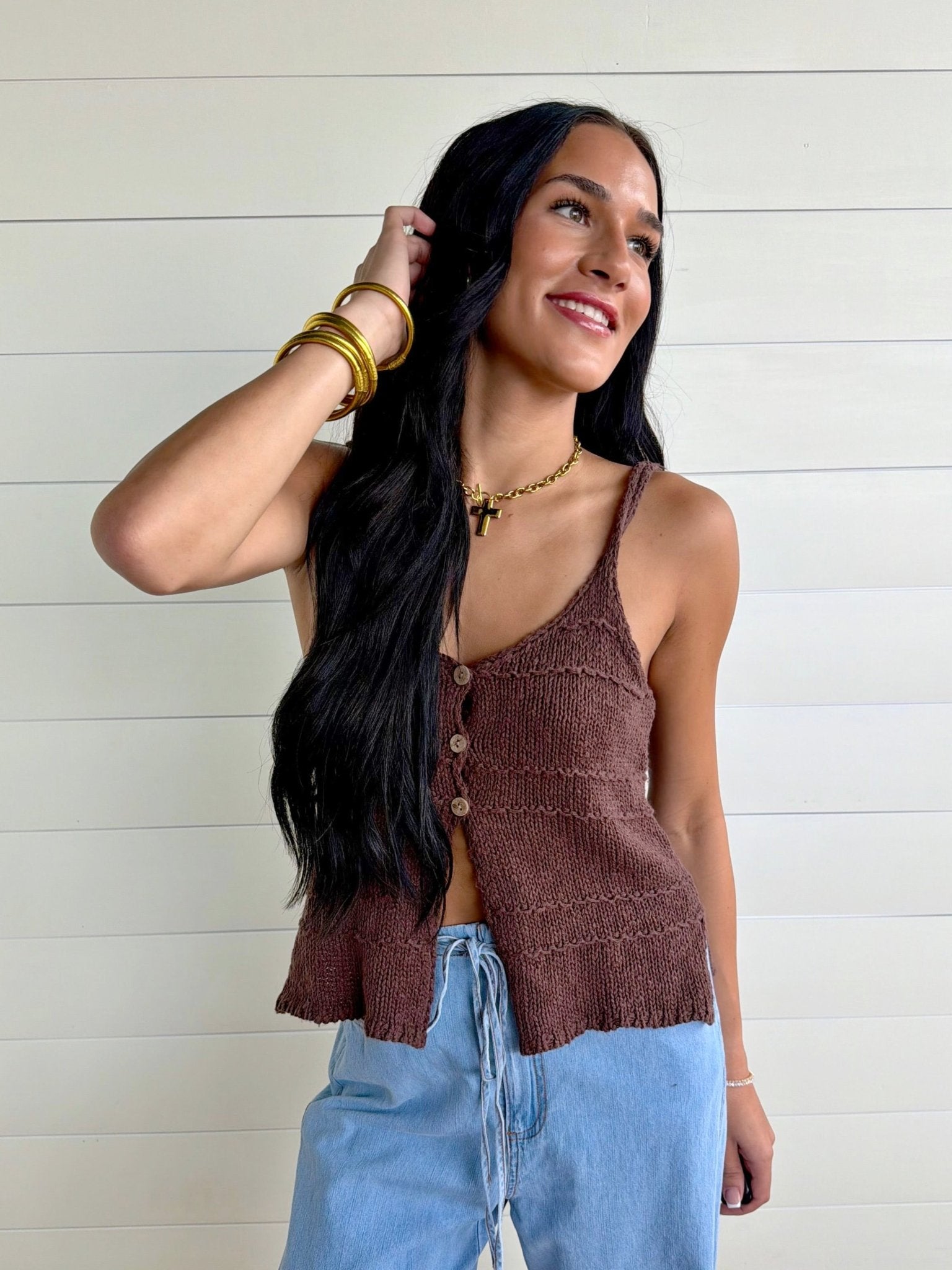 Tiered Textured Button-Front Sweater Knit Cami In Dusty Wood - Infinity Raine