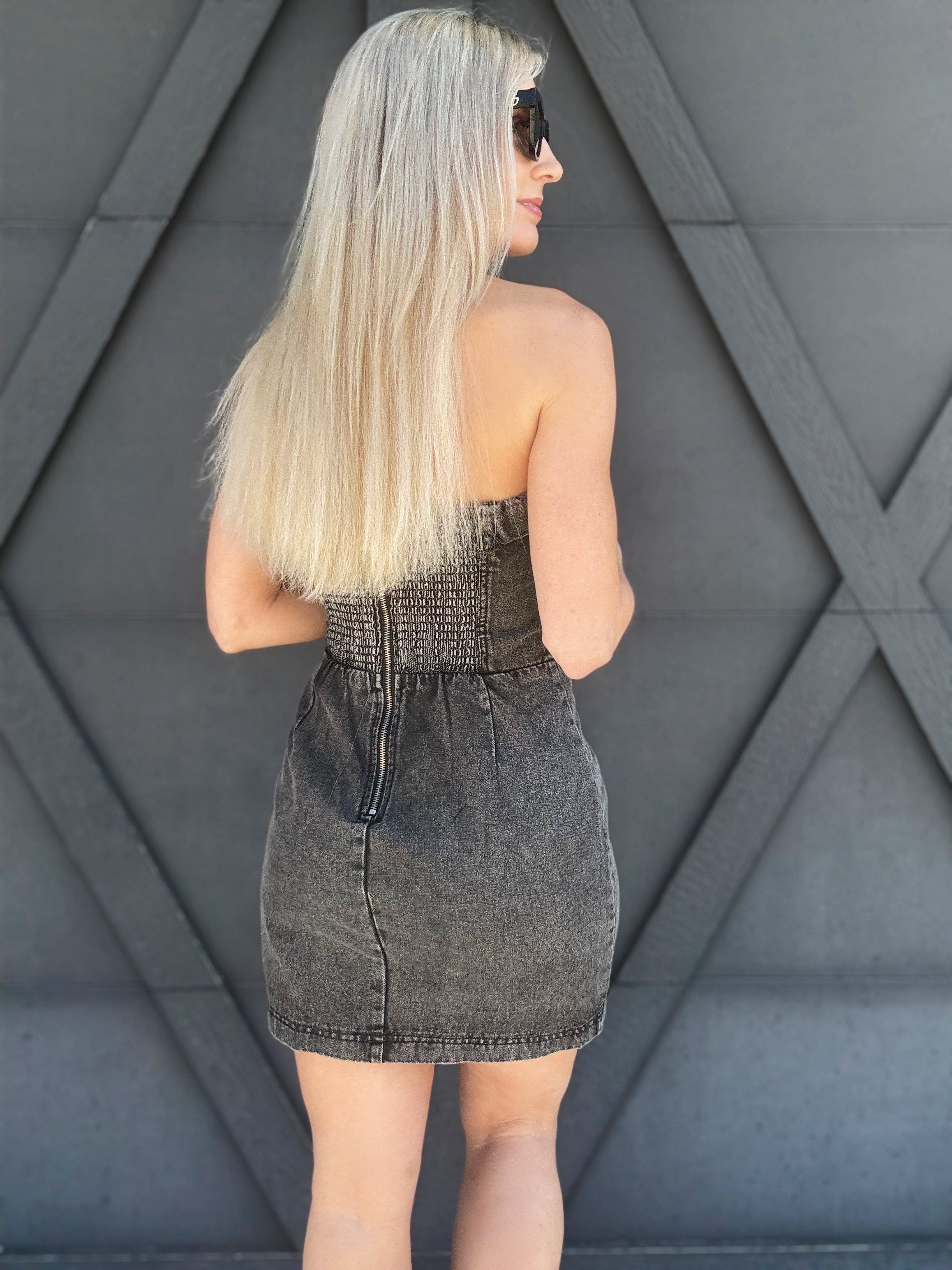Denim Strapless Mini Dress In Black - Infinity Raine