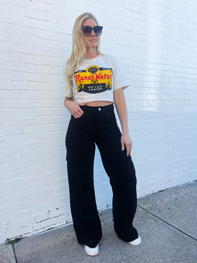 High Waisted Denim Cargo Pants-Black - Infinity Raine