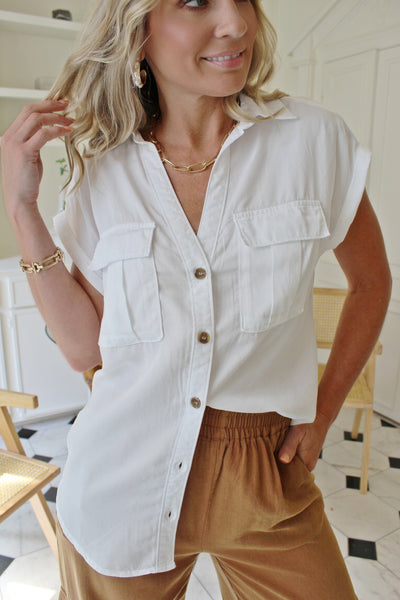 Short Sleeve Button Up Shirt-White - Infinity Raine