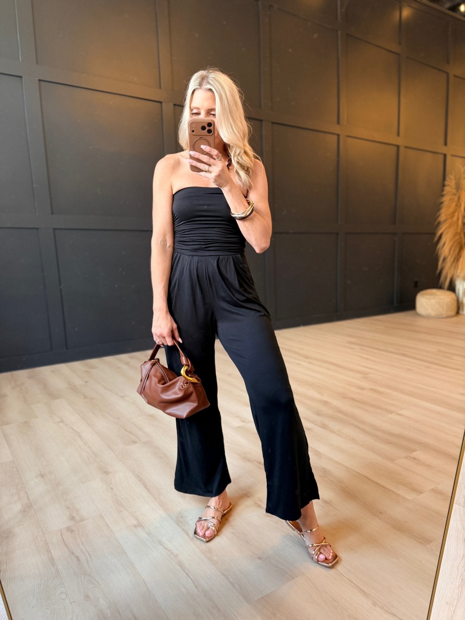 Tube Top W/shirring Palazzo Romper In Black - Infinity Raine