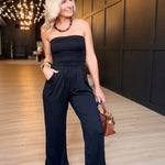 Tube Top W/shirring Palazzo Romper In Black - Infinity Raine