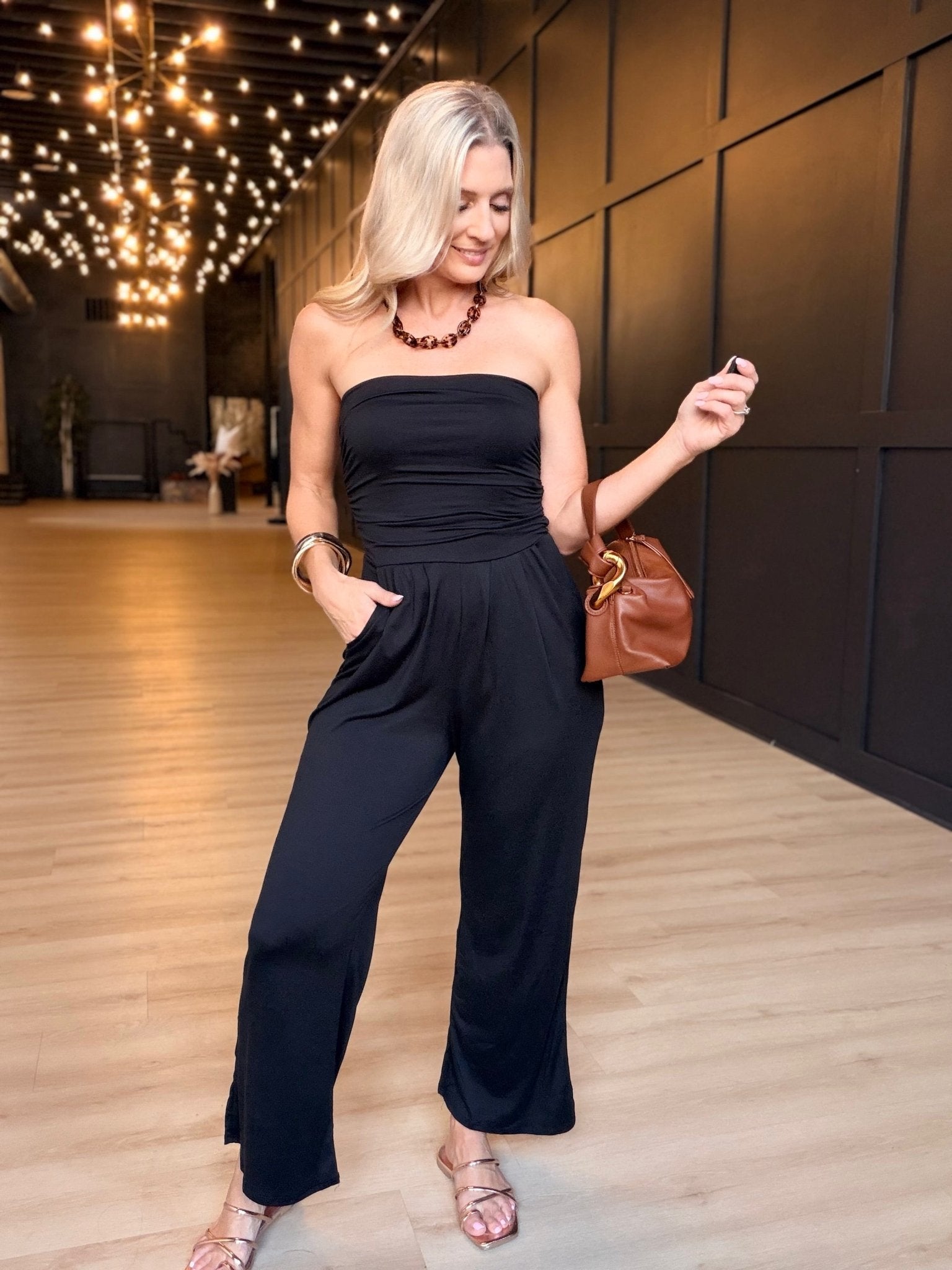 Tube Top W/shirring Palazzo Romper In Black - Infinity Raine