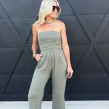 Tube Top W/shirring Palazzo Romper In Fade Olive - Infinity Raine