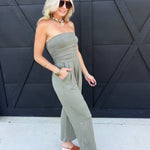 Tube Top W/shirring Palazzo Romper In Fade Olive - Infinity Raine
