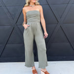 Tube Top W/shirring Palazzo Romper In Fade Olive - Infinity Raine