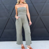 Tube Top W/shirring Palazzo Romper In Fade Olive - Infinity Raine