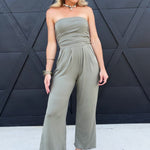 Tube Top W/shirring Palazzo Romper In Fade Olive - Infinity Raine