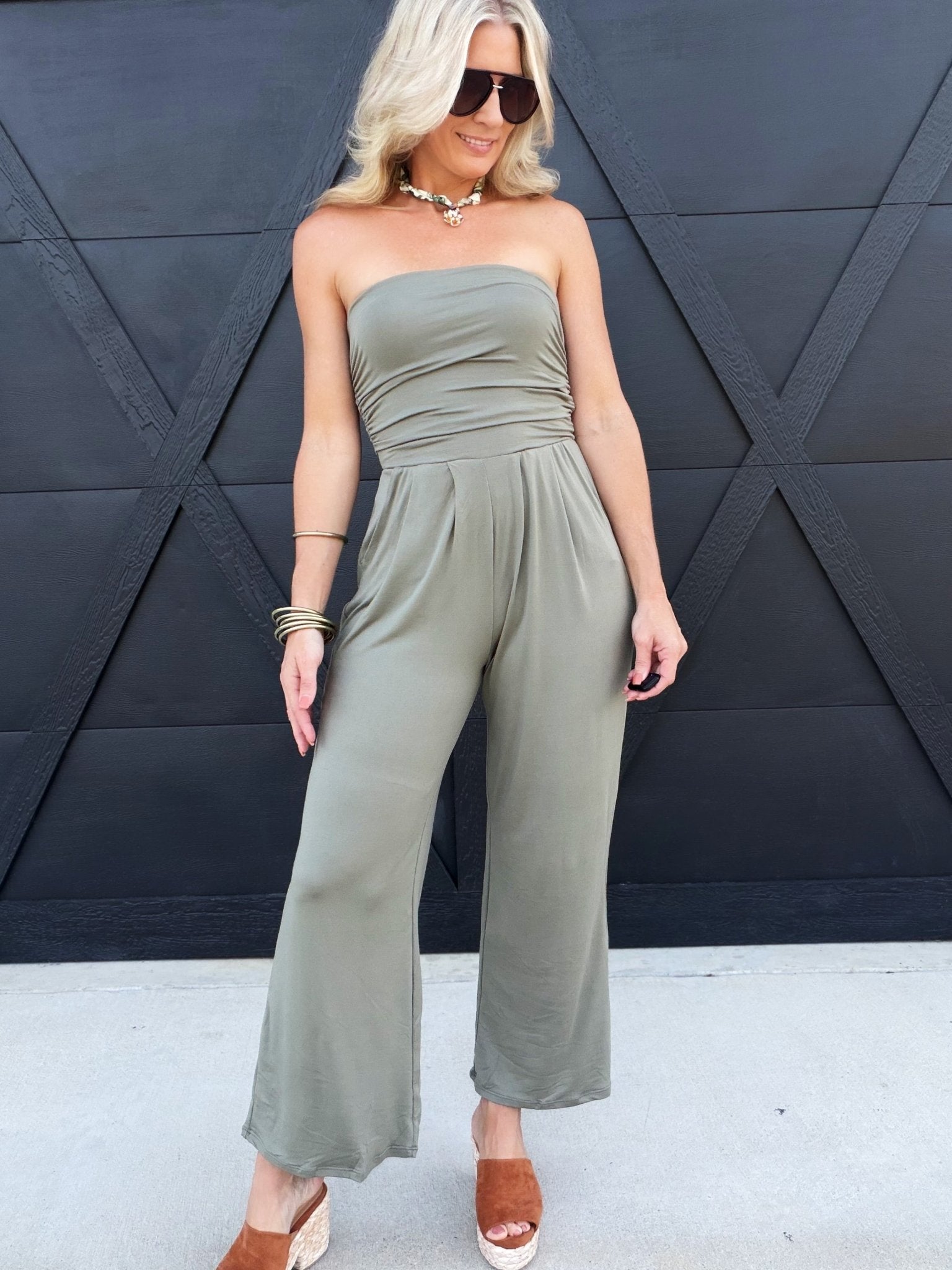 Tube Top W/shirring Palazzo Romper In Fade Olive - Infinity Raine