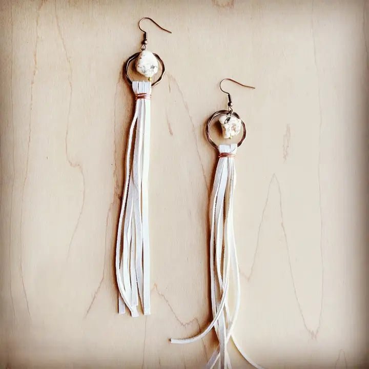 Turquoise leather Tassel Drop Earrings In Cream - Infinity Raine