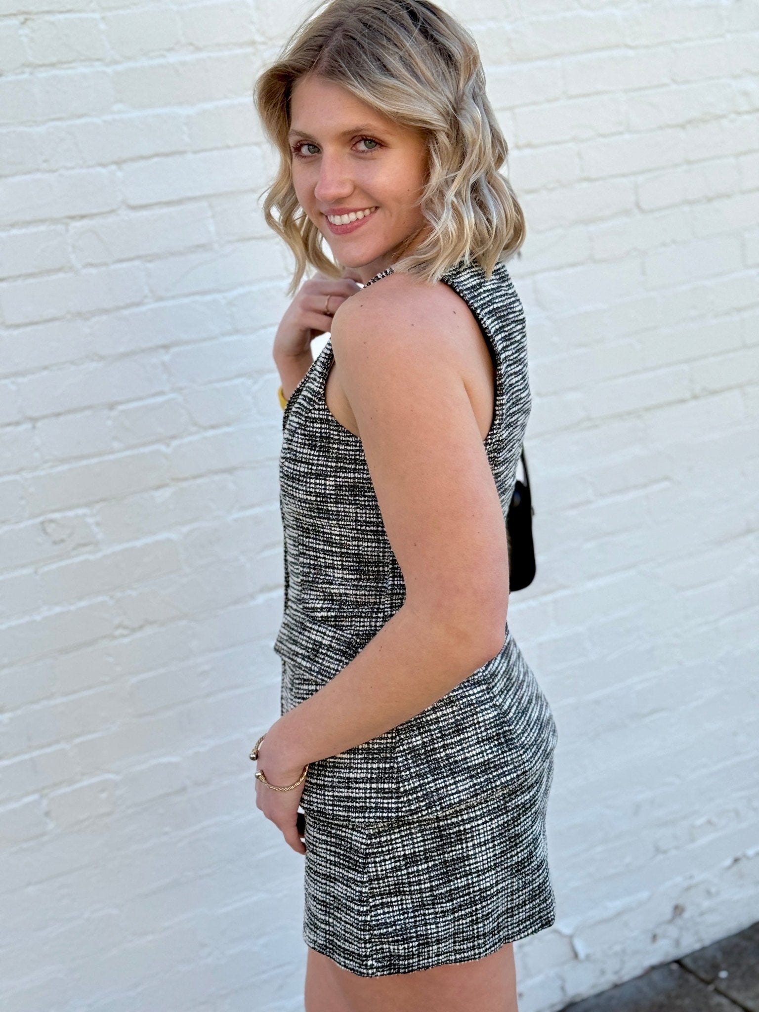 Tweed Button Vest Shorts Set In Black - Infinity Raine