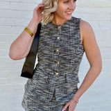 Tweed Button Vest Shorts Set In Black - Infinity Raine