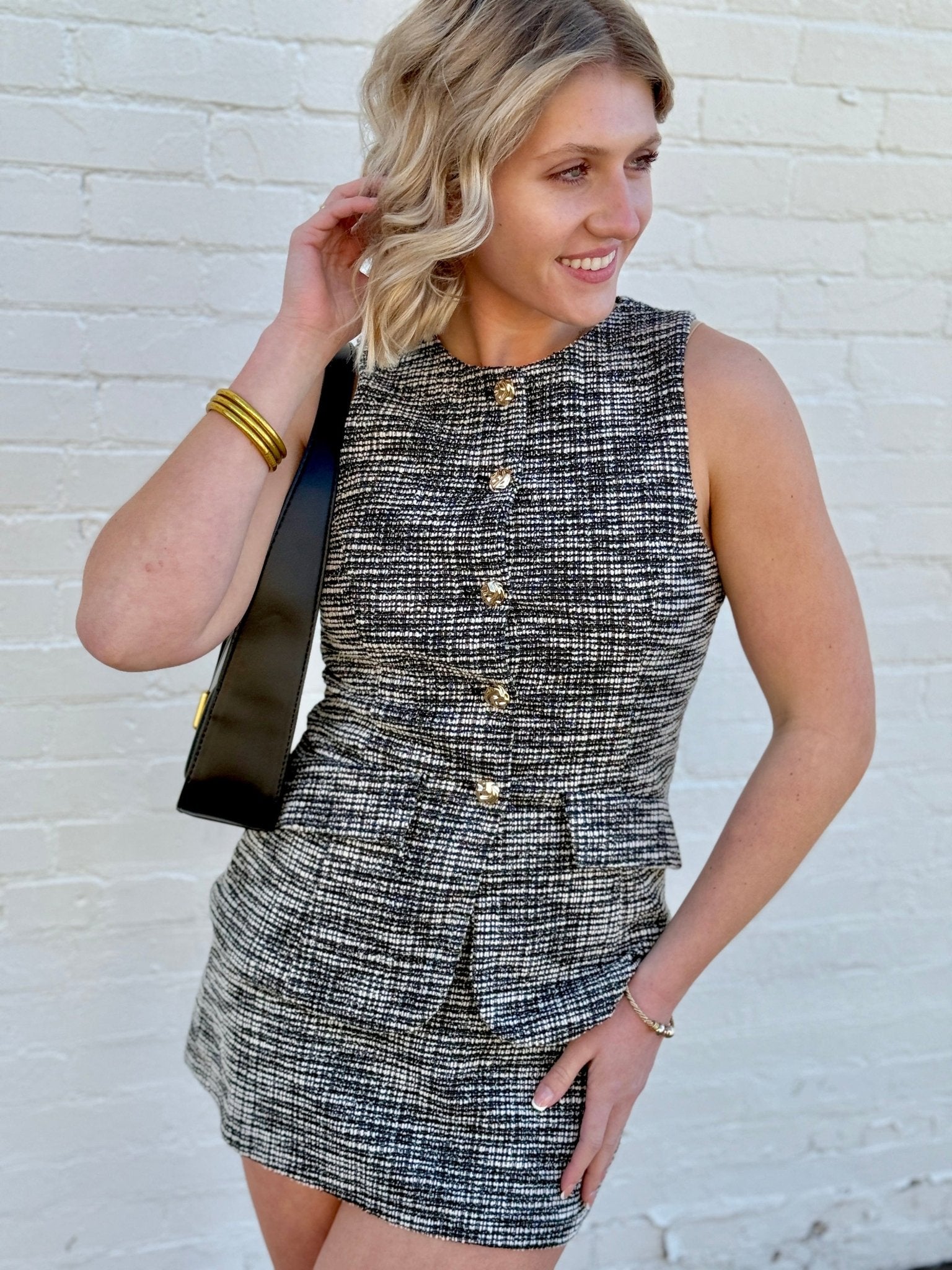 Tweed Button Vest Shorts Set In Black - Infinity Raine
