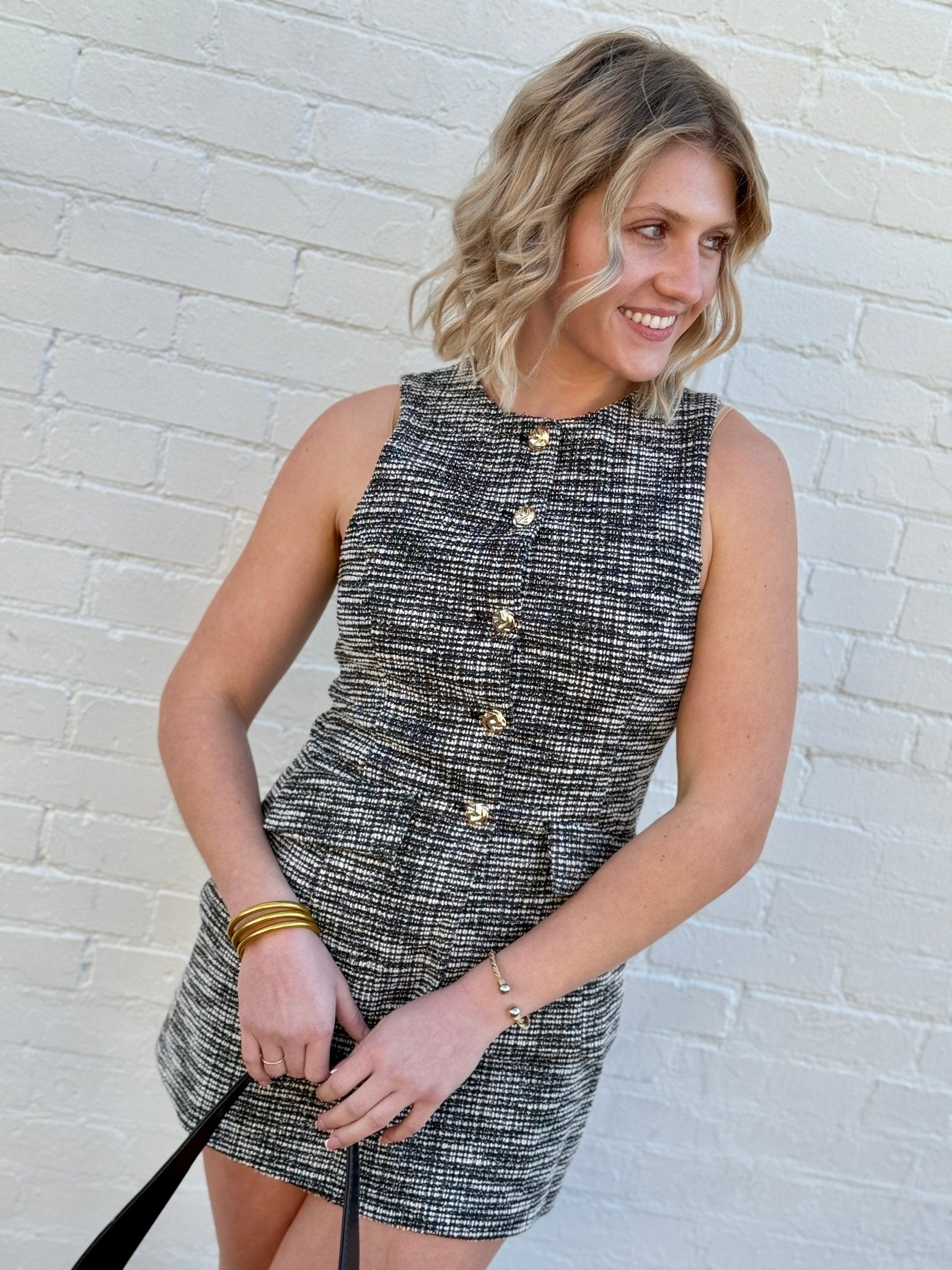 Tweed Button Vest Shorts Set In Black - Infinity Raine