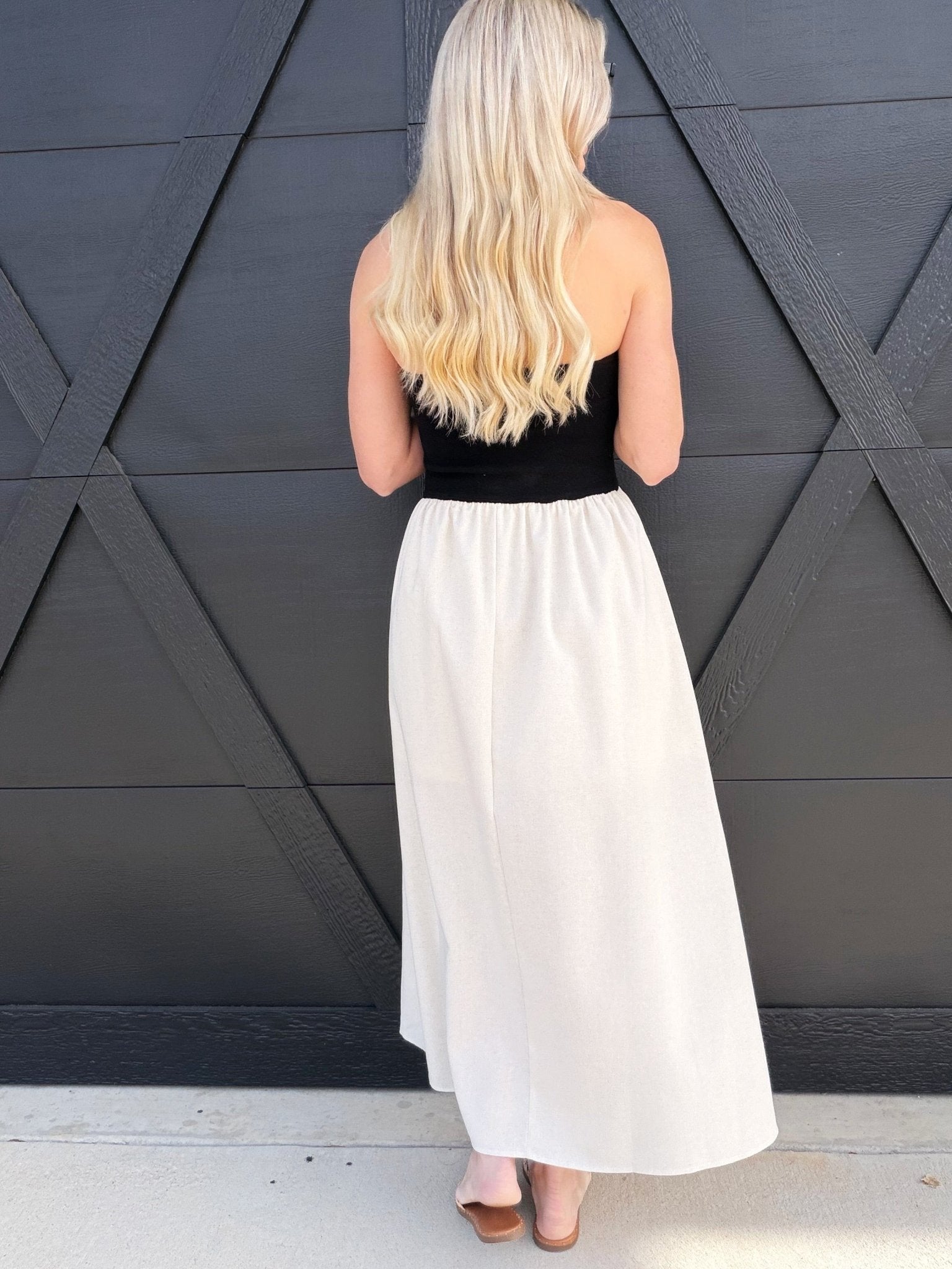 Black and Almond Colorblock Strapless Midi Dress Black and Almond Colorblock Strapless Midi Dress