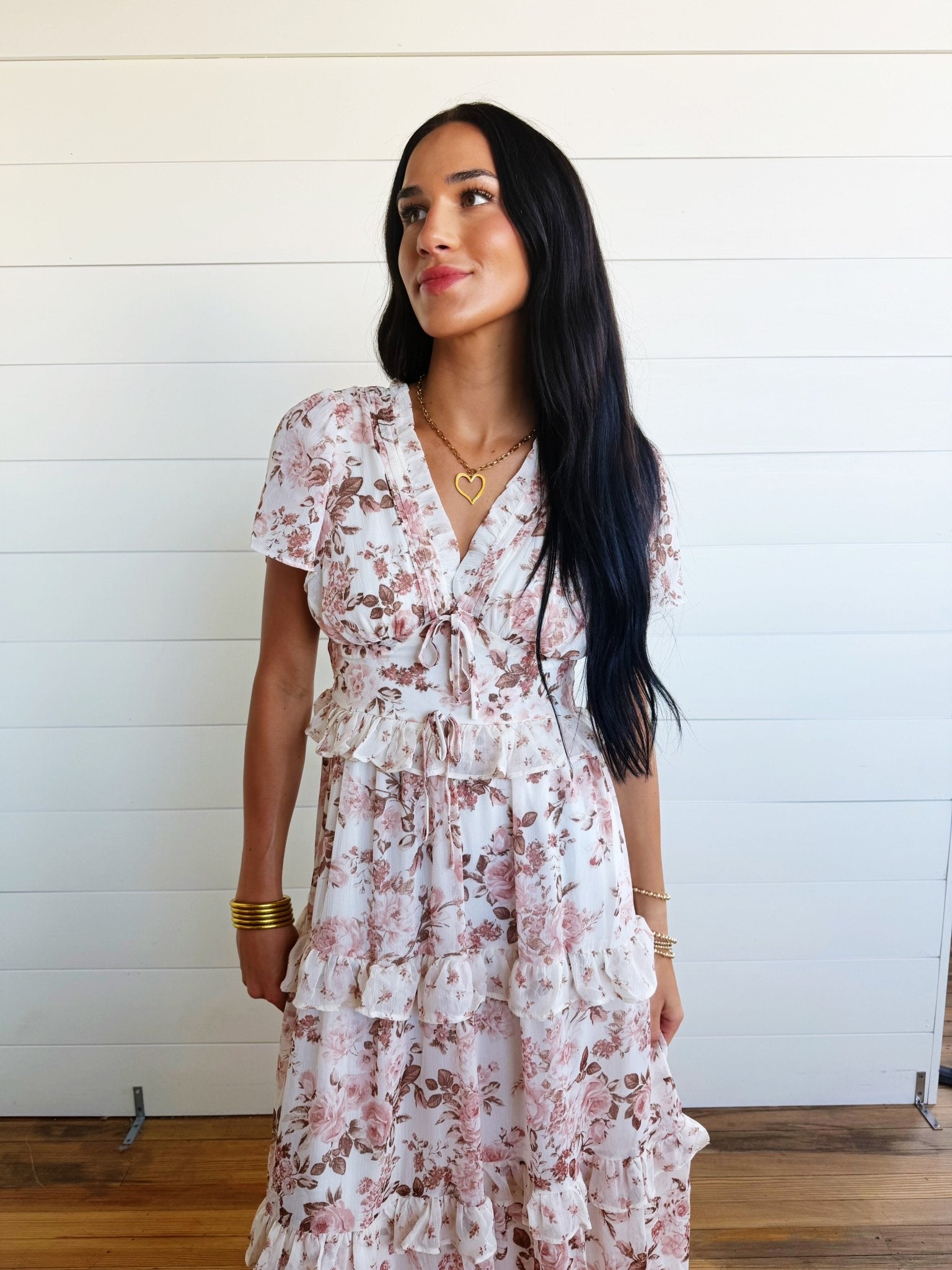 V-Neck Floral Tiered Ruffle Front Tie Midi Dress In Dusty Rose - Infinity Raine