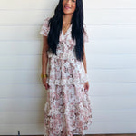 V-Neck Floral Tiered Ruffle Front Tie Midi Dress In Dusty Rose - Infinity Raine